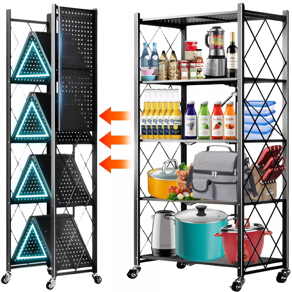 Musment Adjustable 5-Tier Foldable Free Standing Metal Rack, Black