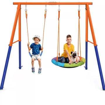 Musment Swing Set for Kids, Heavy Duty Frame Metal Swing Stand with 1 Saucer & 1 Belt Swing Seat