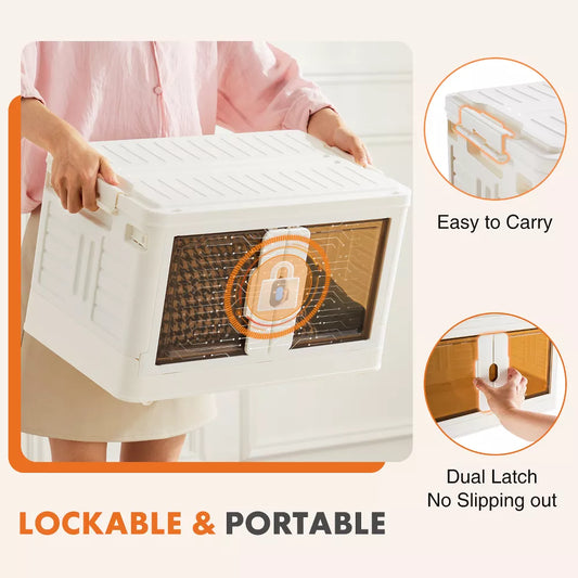 Musment Stackable Plastic Storage Bins with Lids - Foldable Storage Boxes with Doors & Wheels, Portable and Lockable Organizer Boxes for Living Room