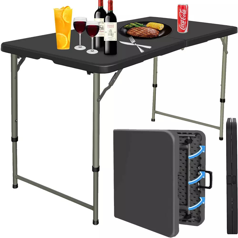 Musment 4ft Plastic Folding Table, Adjustable Height Indoor Outdoor Heavy Duty Portable with Handle, Lock for Picnic