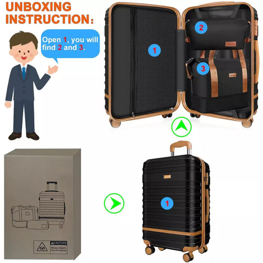 Musment 3 Piece Expandable Carry on Luggage, 20 inch Suitcase Set Luggage Sets with TSA Lock and Double Spinner Wheels, Black
