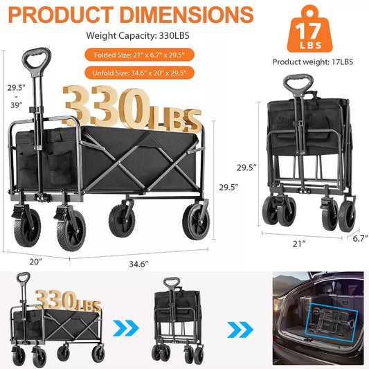 Collapsible Folding Wagon Cart, Camping & Shopping, Heavy Duty Utility Wagon with All-Terrain Wheels