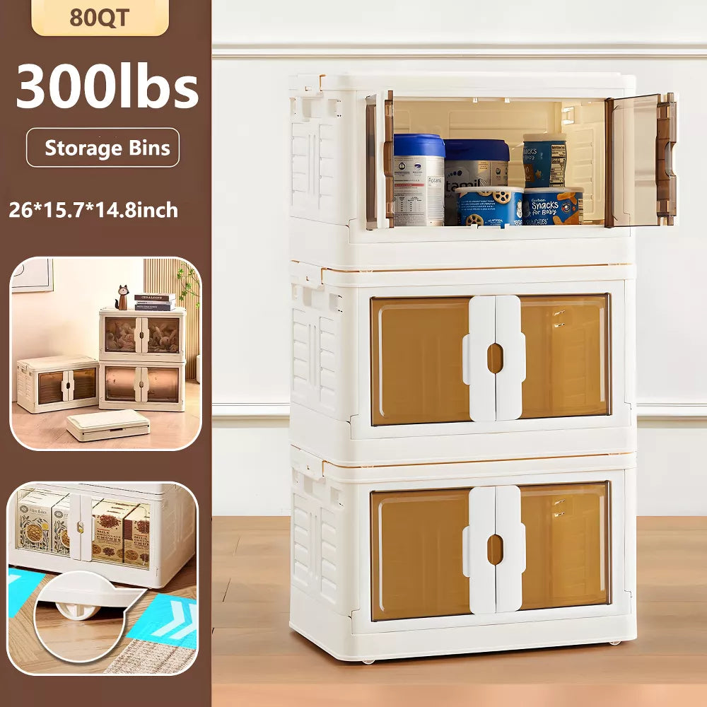 Musment Stackable Plastic Storage Bins with Lids - Foldable Storage Boxes with Doors & Wheels, Portable and Lockable Organizer Boxes for Living Room