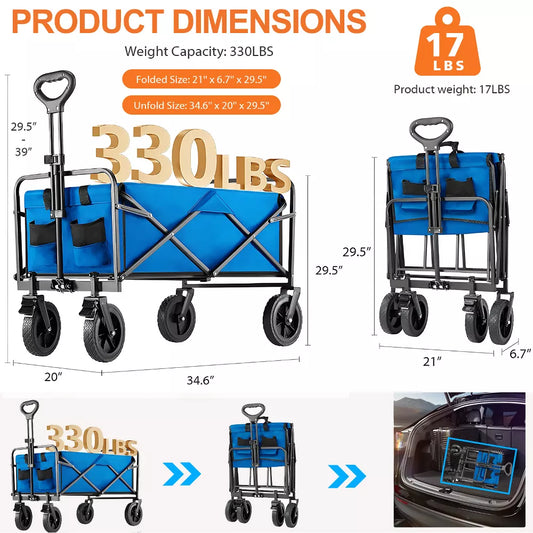 Collapsible Folding Wagon Cart, Camping & Shopping, Heavy Duty Utility Wagon with All-Terrain Wheels
