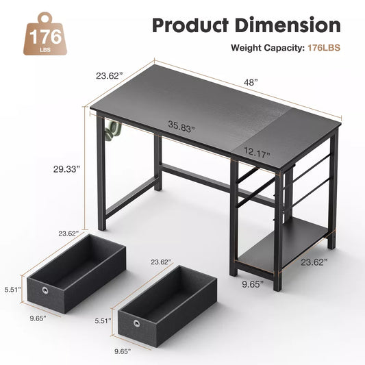 Computer Desk with Drawers Home Office Desk Writing Desk Work Desk PC Table Study Desk with 2-Tier Drawers Storage Shelf Side Hook