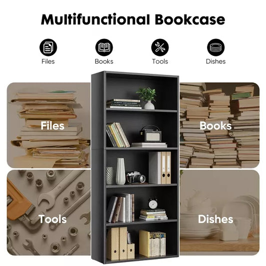 Musment Industrial 5 -6 Shelf Bookcase - Large 53-63 Inch Tall Floor Standing Open Bookshelf for Home Office, Living Room, and Bedroom Storage