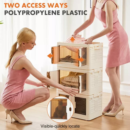 Musment Storage Bins with Lids- 1-3 Tier Folding Storage box with Doors and Wheels, Collapsible Plastic Storage Bins for Closets