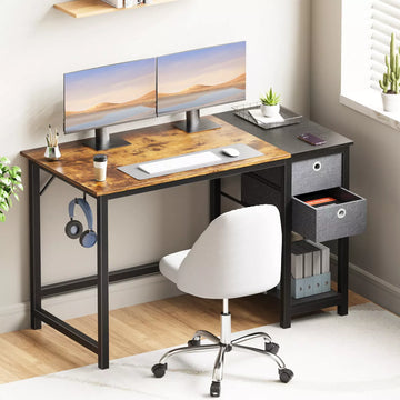 Computer Desk with Drawers Home Office Desk Writing Desk Work Desk PC Table Study Desk with 2-Tier Drawers Storage Shelf Side Hook