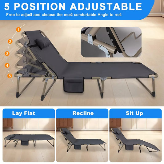 Musment Folding Camping Cot Bed with Pillow, Adjustable 5-Position Folding Chaise Lounge Chair, Portable Guest Bed & Outdoor Folding Sleeping Cots