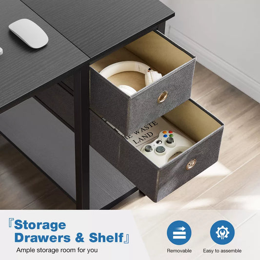 Computer Desk with Drawers Home Office Desk Writing Desk Work Desk PC Table Study Desk with 2-Tier Drawers Storage Shelf Side Hook