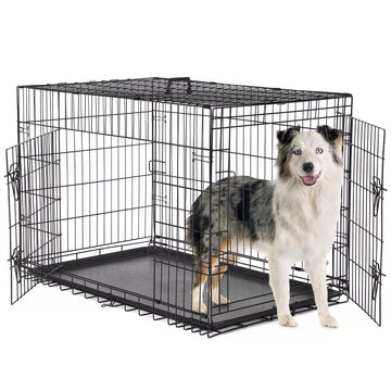 Musment Dog Crate with Double Doors - Enhanced Metal Foldable Pet Cage with Divider Panel & Removable Tray, Portable Extra Large Kennel for Black