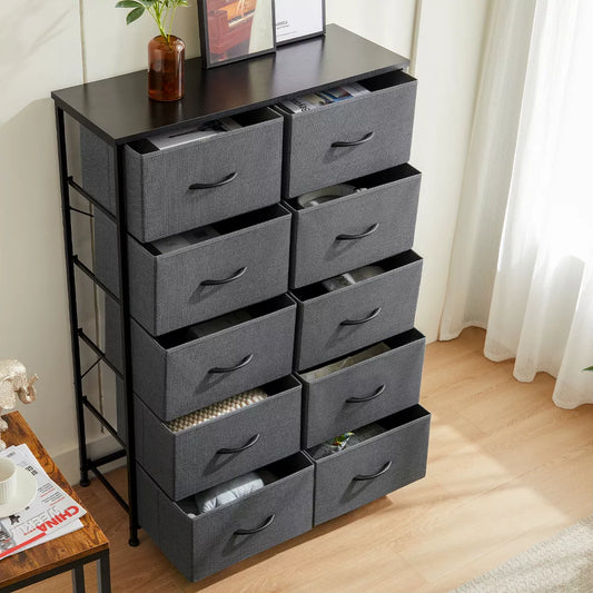 Tall Dresser Fabric Storage Tower ,Wooden Top for Kid Room, Closet, Entryway, Nursery