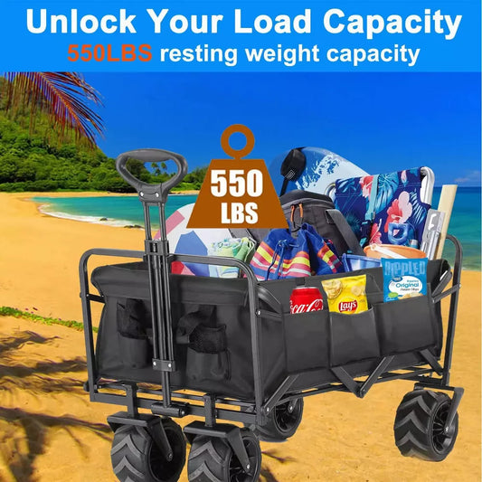 Musment Collapsible Foldable Wagon Cart, 350lbs Large Capacity Folding Wagon Cart with All-Terrain Wheels,Utility with Brakes for Grocery, Garden