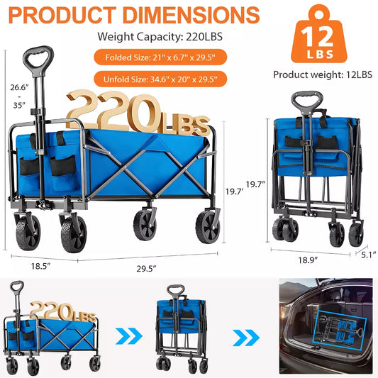 Collapsible Folding Wagon Cart, Camping & Shopping, Heavy Duty Utility Wagon with All-Terrain Wheels