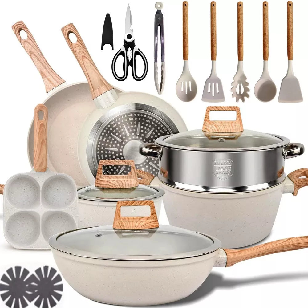 Musment Nonstick Pots and Pans Set, 19-Piece Induction Kitchen Cookware Sets (Beige Granite)