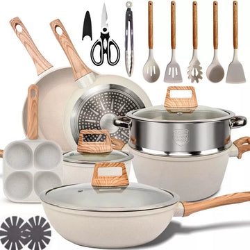 Musment Nonstick Pots and Pans Set, 19-Piece Induction Kitchen Cookware Sets (Beige Granite)