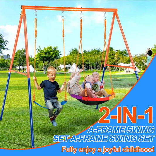 Musment Swing Set for Kids, Heavy Duty Frame Metal Swing Stand with 1 Saucer & 1 Belt Swing Seat
