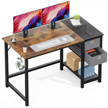 Computer Desk with Drawers Home Office Desk Writing Desk Work Desk PC Table Study Desk with 2-Tier Drawers Storage Shelf Side Hook