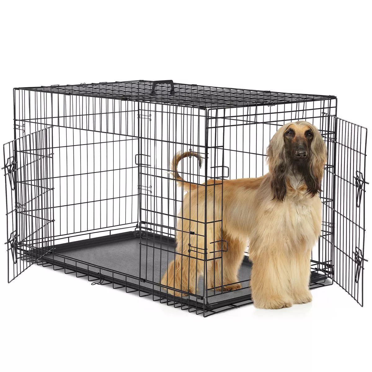 Musment Dog Crate with Double Doors - Enhanced Metal Foldable Pet Cage with Divider Panel & Removable Tray, Portable Extra Large Kennel for Black