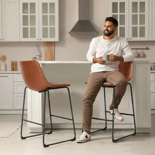 Musment Armless Industrial Faux Leather Barstools with Metal Legs and Footrest, Dining Chairs for Home Office Kitchen Island