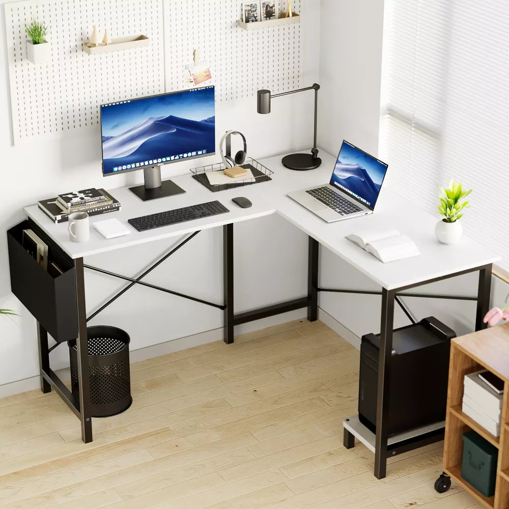Musment L Shaped Computer Desk - Gaming Corner 50 Inch Office Writing PC Wooden Table with CPU Storage Shelf & Side Bag