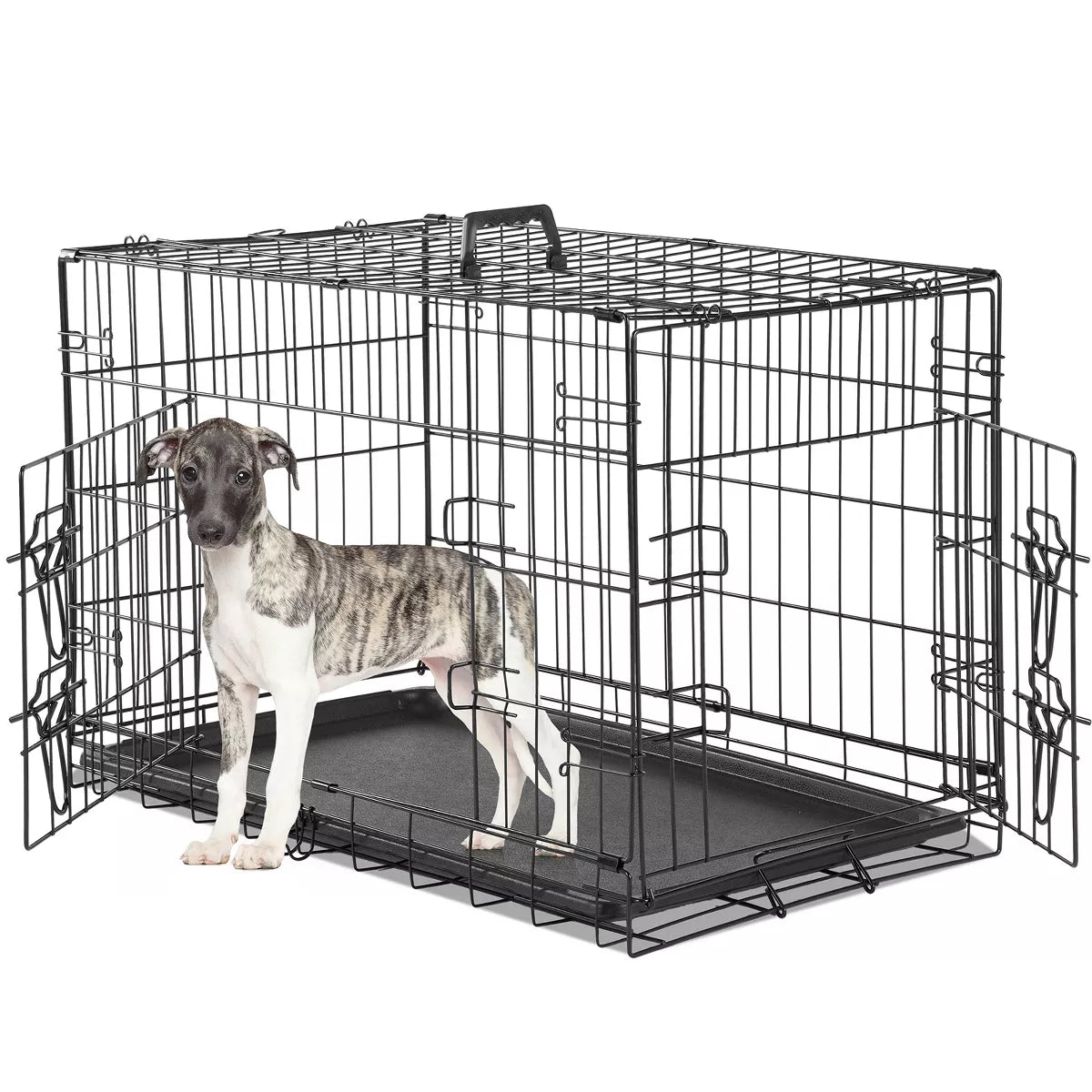 Musment Dog Crate with Double Doors - Enhanced Metal Foldable Pet Cage with Divider Panel & Removable Tray, Portable Extra Large Kennel for Black