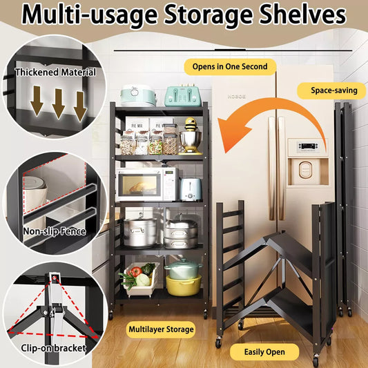 Storage Shelving Unit, Metal Shelf 15.35"W x 15.35"D x 62.20"H, Foldable Storage Shelf with Wheels, Garage Shelf, Kitchen Shelf