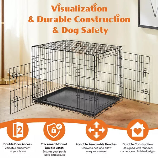 Musment Dog Crate with Double Doors - Enhanced Metal Foldable Pet Cage with Divider Panel & Removable Tray, Portable Extra Large Kennel for Black