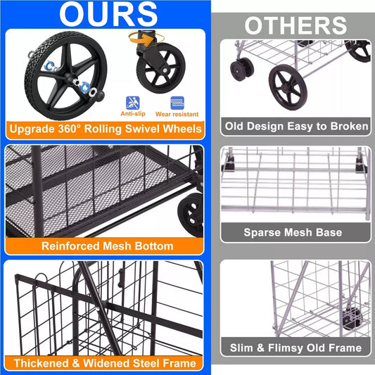 Musment Folding Shopping Cart, Utility Trolley Jumbo Basket with Encrypted Mesh Bottom and Swivel Wheels, Black