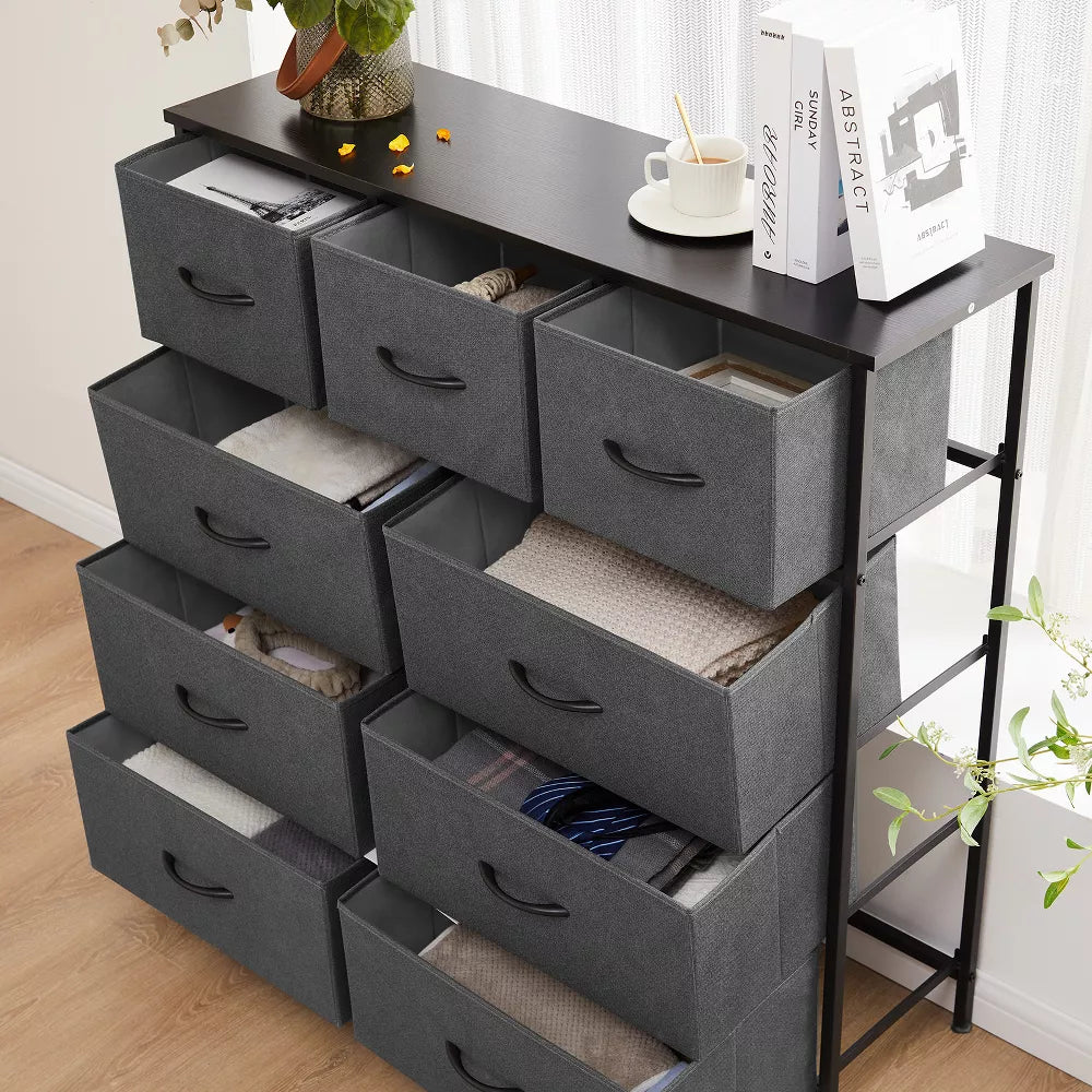Tall Dresser Fabric Storage Tower ,Wooden Top for Kid Room, Closet, Entryway, Nursery