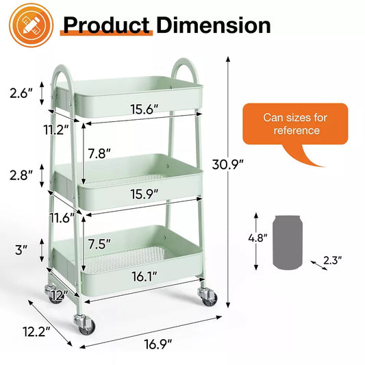 Musment 3 Tier Rolling Cart, Metal Utility Cart Storage Organizer Kitchen Trolley Bathroom Laundry Room Bar Office Shelves