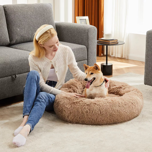 Musment Anti-Slip Round Fluffy Plush Faux Fur Cat Bed, Fits up to 25 lbs Pets