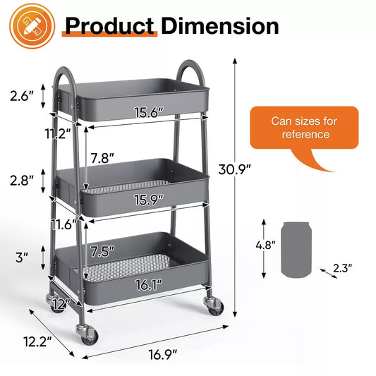 Musment 3 Tier Rolling Cart, Metal Utility Cart Storage Organizer Kitchen Trolley Bathroom Laundry Room Bar Office Shelves