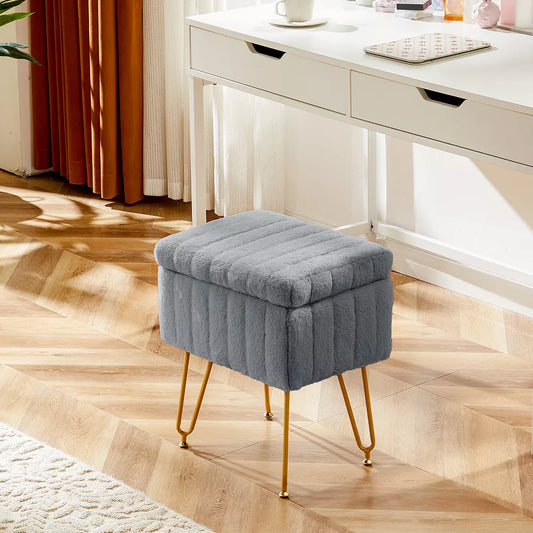 Musment Vanity Stool Chair with Storage, Ottoman Faux Fur Soft Padded Makeup Footstools Seat with 4 Metal Legs