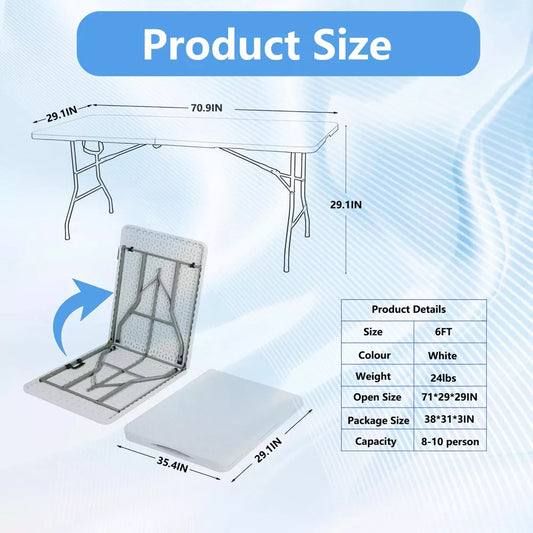 Musment 6FT Picnic Table Folding Table Camping Table Plastic Table Fold Up Table Lock for Party Event,White