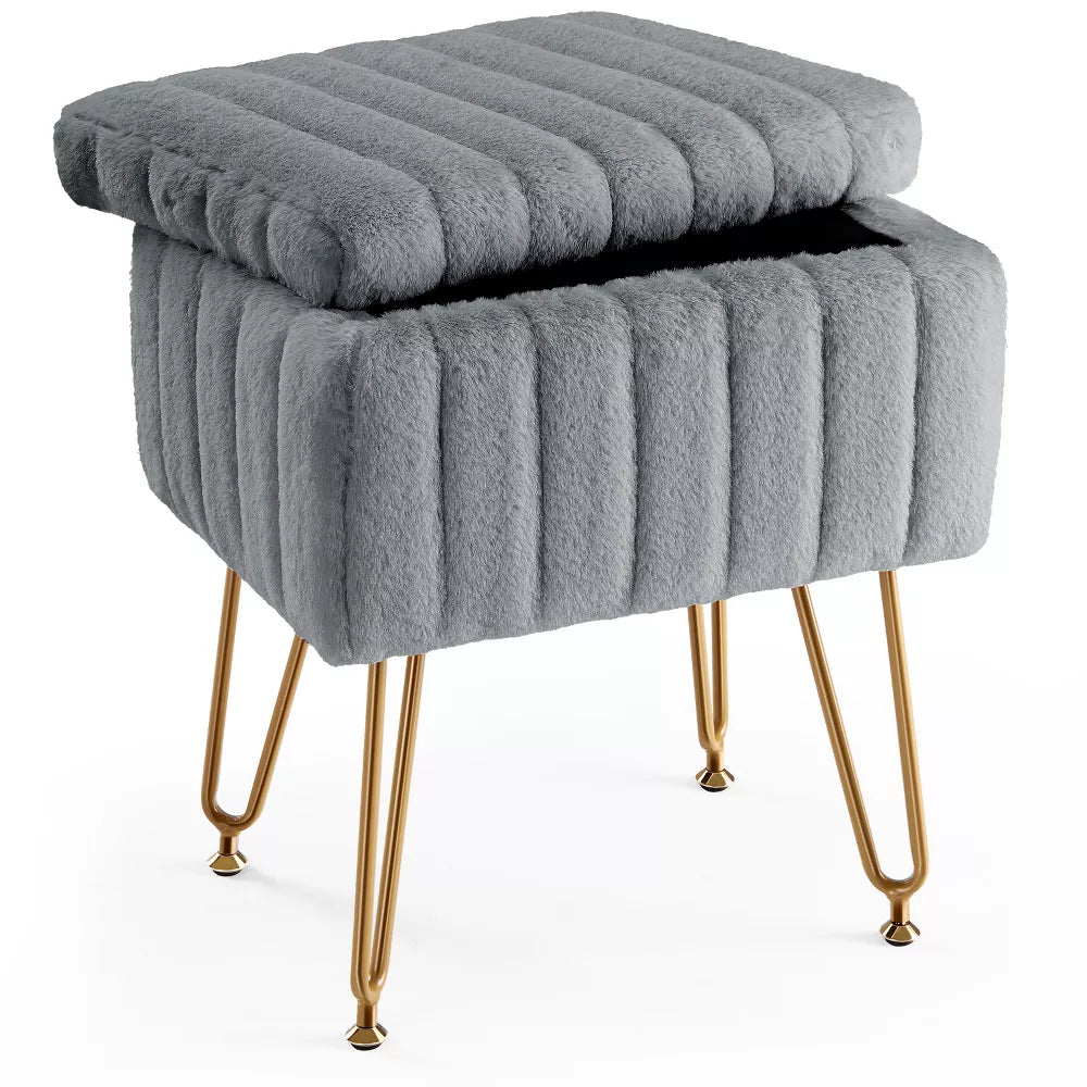 Musment Vanity Stool Chair with Storage, Ottoman Faux Fur Soft Padded Makeup Footstools Seat with 4 Metal Legs