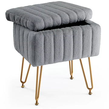 Musment Vanity Stool Chair with Storage, Ottoman Faux Fur Soft Padded Makeup Footstools Seat with 4 Metal Legs