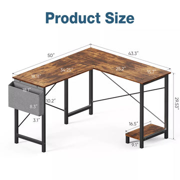 Musment L Shaped Computer Desk - Gaming Corner 50 Inch Office Writing PC Wooden Table with CPU Storage Shelf & Side Bag