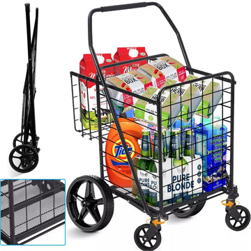 Musment Folding Shopping Cart, Utility Trolley Jumbo Basket with Encrypted Mesh Bottom and Swivel Wheels, Black