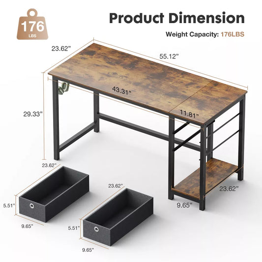 Computer Desk with Drawers Home Office Desk Writing Desk Work Desk PC Table Study Desk with 2-Tier Drawers Storage Shelf Side Hook