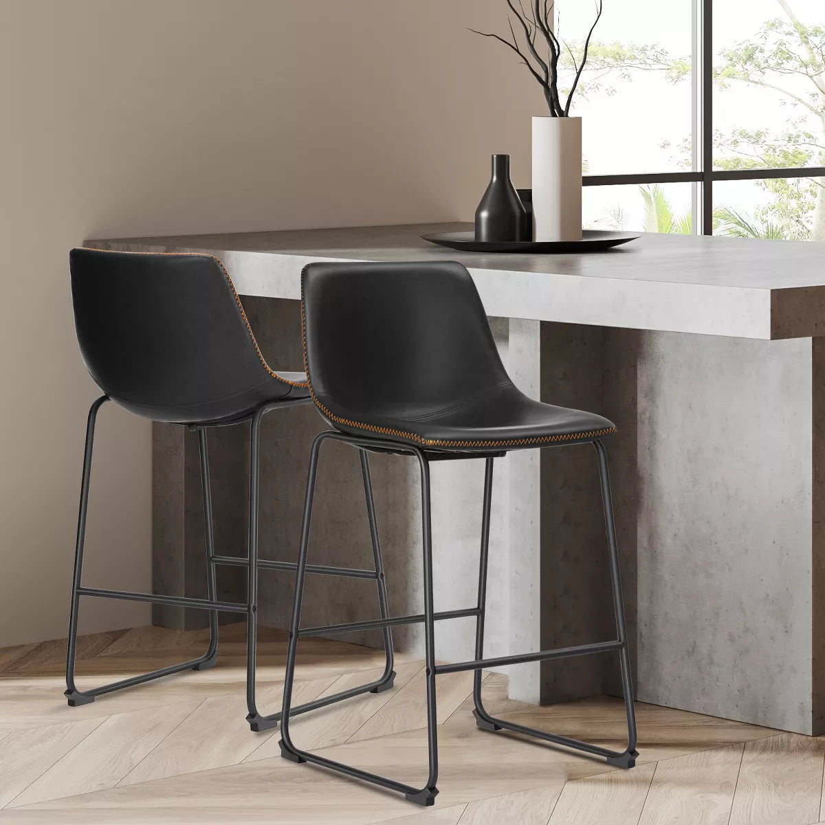 Musment Armless Industrial Faux Leather Barstools with Metal Legs and Footrest, Dining Chairs for Home Office Kitchen Island