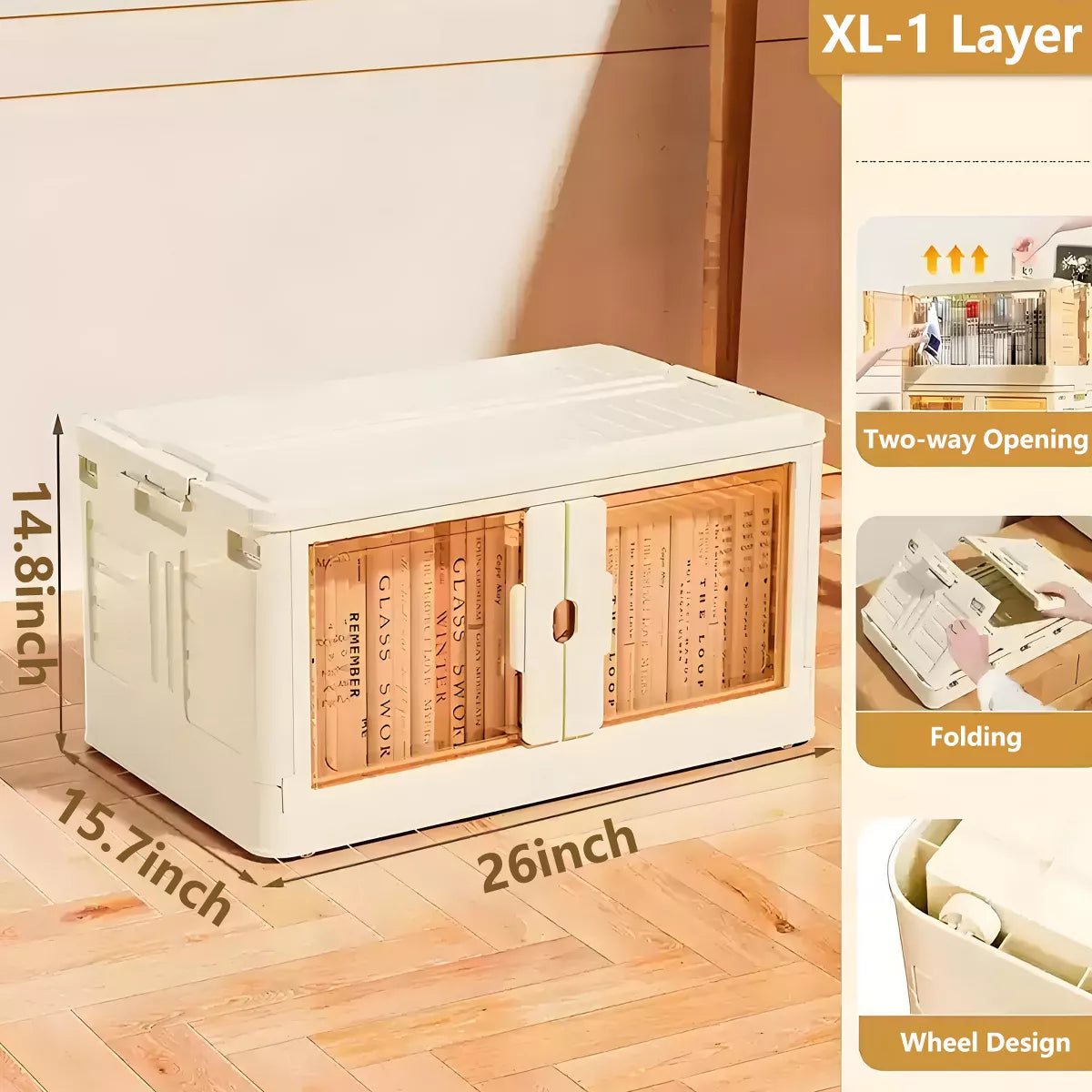 Musment Storage Bins with Lids- 1-3 Tier Folding Storage box with Doors and Wheels, Collapsible Plastic Storage Bins for Closets