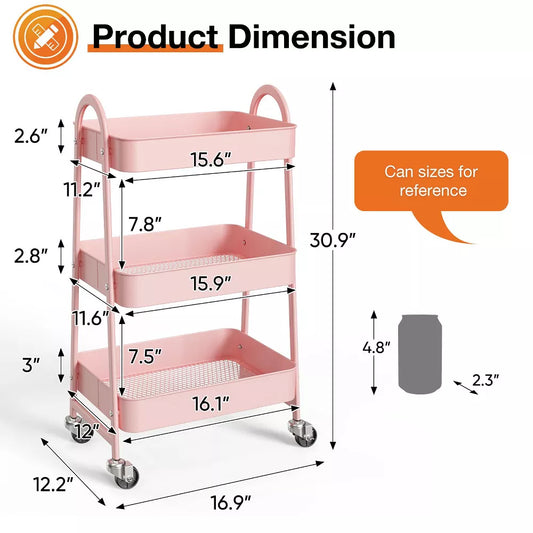 Musment 3 Tier Rolling Cart, Metal Utility Cart Storage Organizer Kitchen Trolley Bathroom Laundry Room Bar Office Shelves