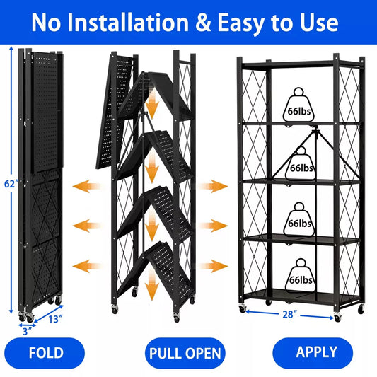 Musment Adjustable 5-Tier Foldable Free Standing Metal Rack, Black