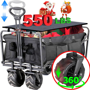 Heavy Duty Folding Wagon Garden Cart with Aluminum Table Plate, Outdoor Camping Wagons, Grocery Portable Utility Cart, Adjustable Rolling Carts, All Terrain Sports Wagon with Big Wheels