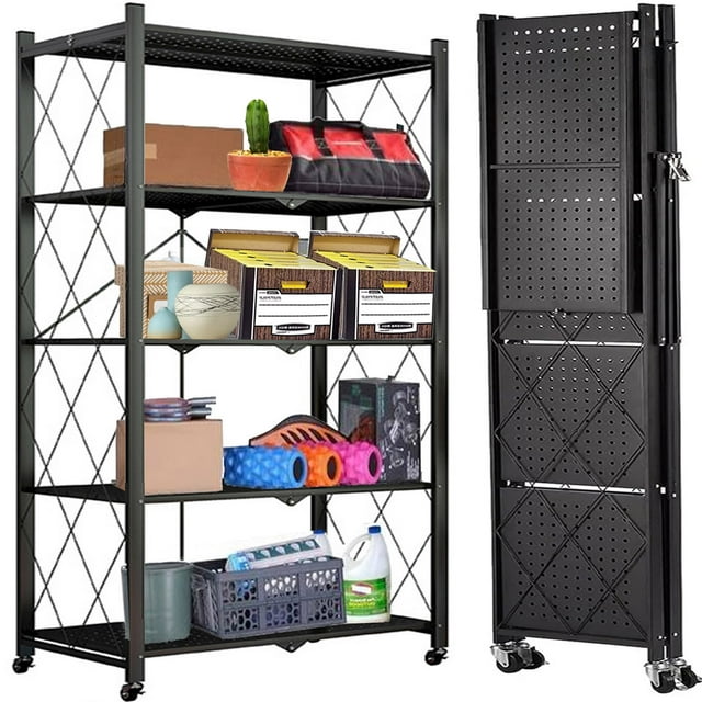 Musment 5-Tier Storage Shelf Rack, 397lbs Capacity Heavy Duty Metal Shelf , Foldable Storage Shelving Unit with Wheels, Garage Shelf, Metal Storage Rack, Kitchen Shelf , No Assemble Require