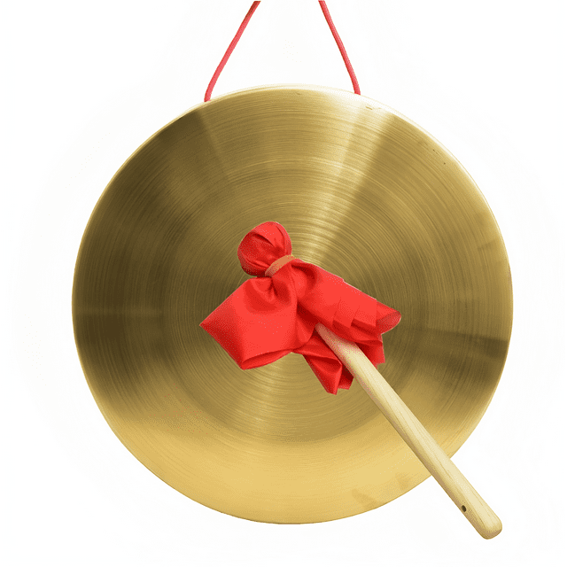 Niuta Gongs Instrument, Chinese Traditional Percussion Instrument Copper Gong with Beater and Red Hanging Ribbon