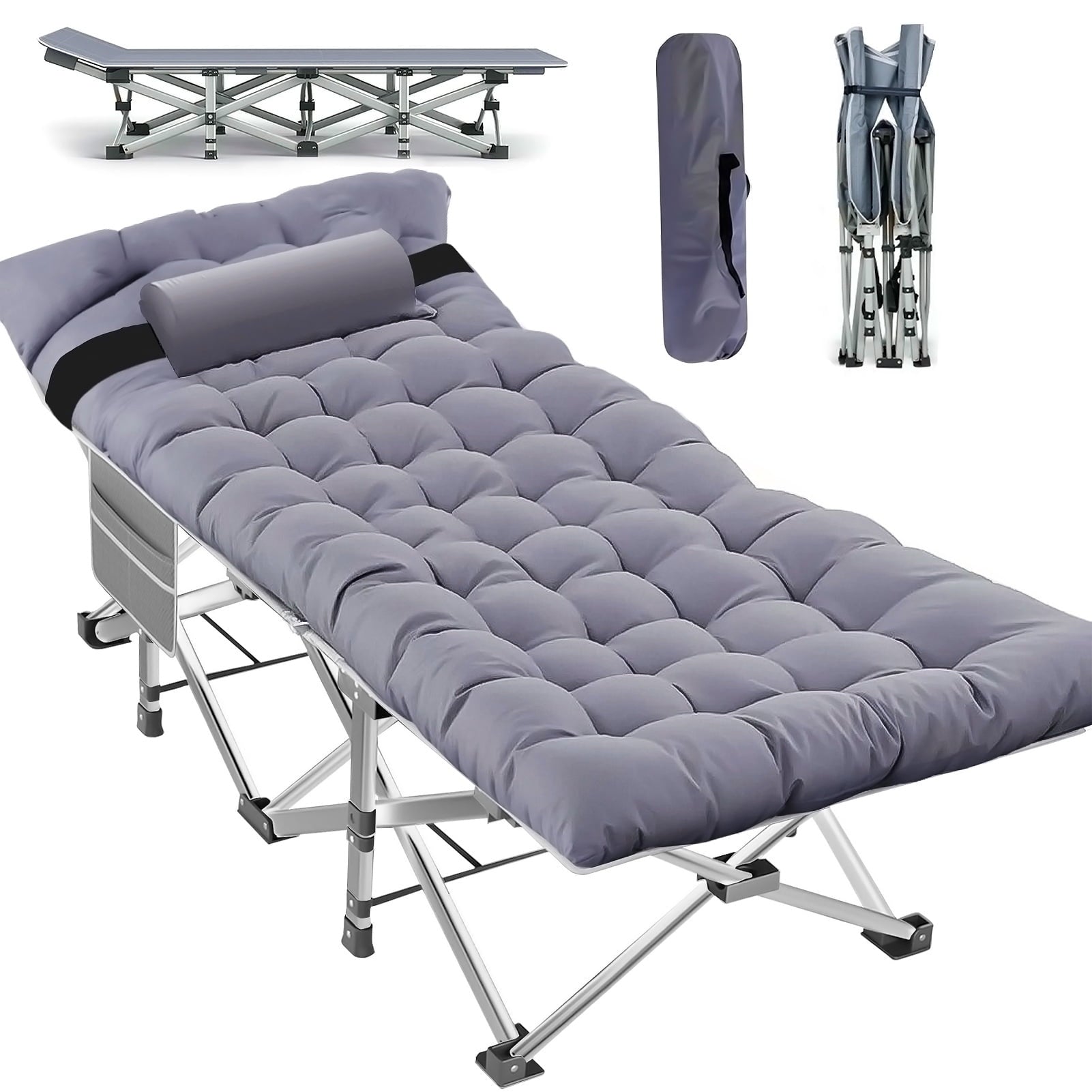 Durable Folding Camping Cot with Mattress for Adults - Portable 1200D Oxford Foldable Bed with Carry Bag - Ideal Sleeping Cot for Camping, Outdoor Travel, Grey
