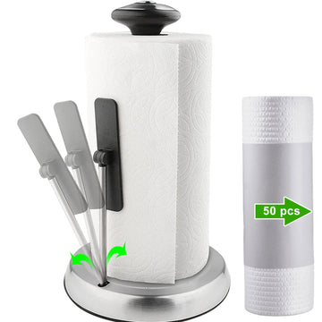 Paper Towel Holder, Stainless Steel Kitchen Paper Towel Holder for One Hand Tear with Weighted Base Suction Cups, with Lazy Cleaning Cloth, for Kitchen & Dining Room Table