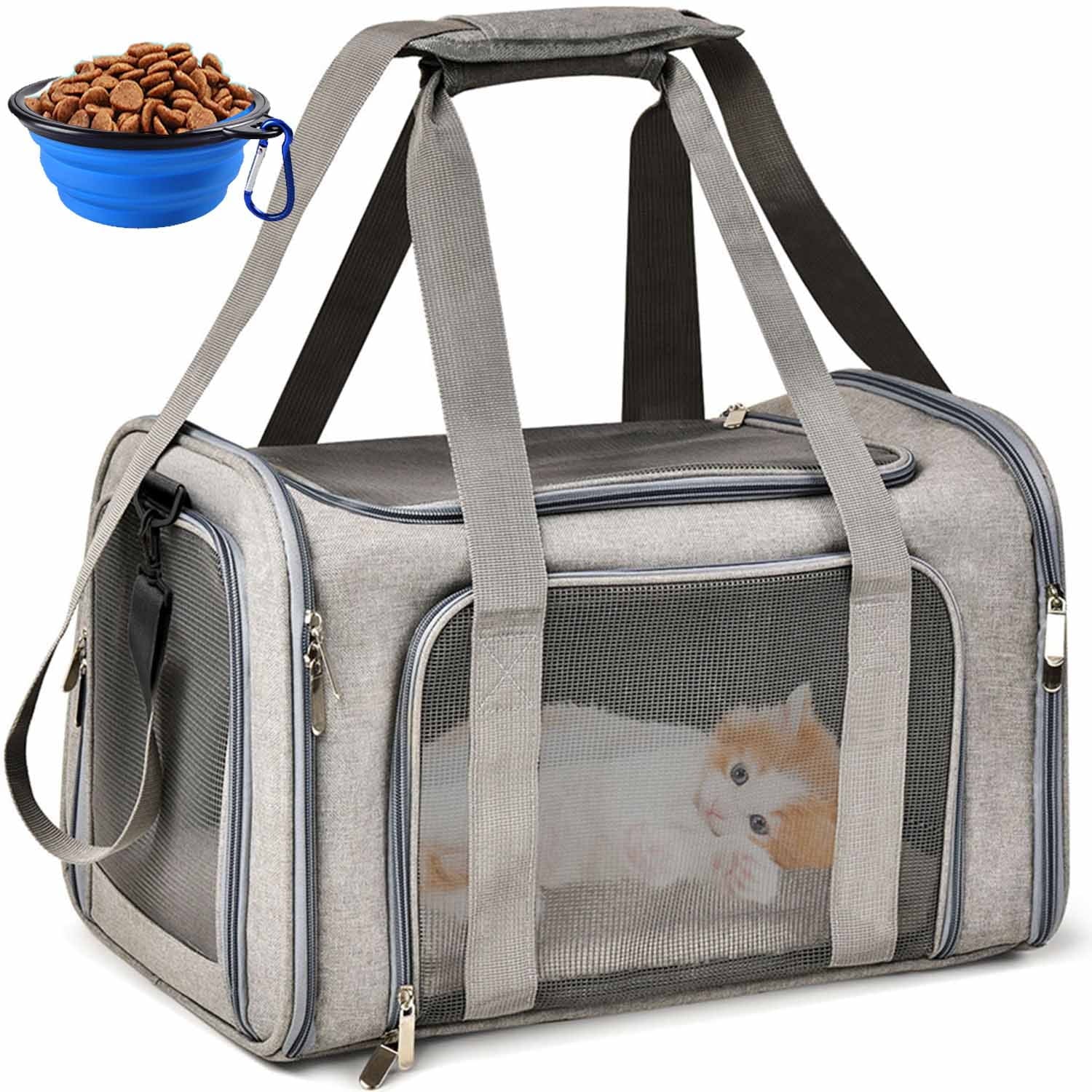 Pet Carrier bag, Airline Approved Soft-Sided Cat Dog Carrier Medium Small Pet Travel Carrier Bag Portable Foldable Pet Bag with w/Locking Safety Zippers, Foldable Bowl